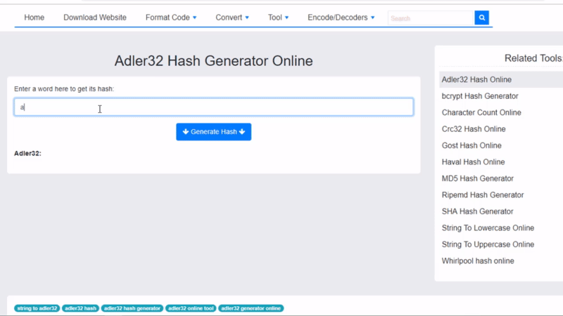 Gineadóir Hash Adler32 - Uirlis Ar Líne Thapa agus Slán