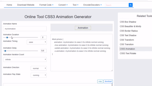 ऑनलाइन टूल CSS3 अॅनिमेशन जनरेटर