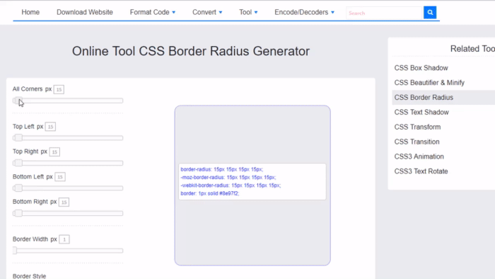 Online nástroj CSS Border Radius Generator