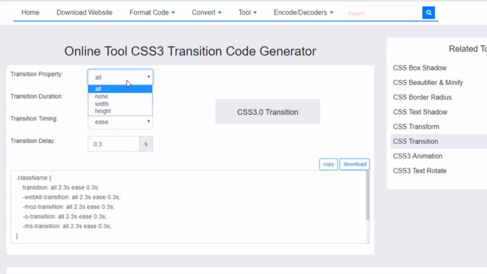 Herramienta en línea CSS3 Transition Generator