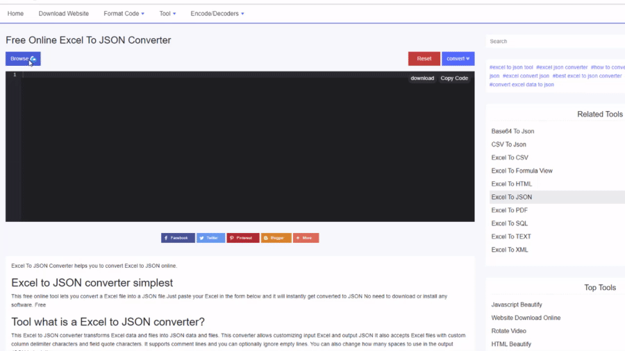विनामूल्य ऑनलाइन एक्सेल ते JSON कनवर्टर