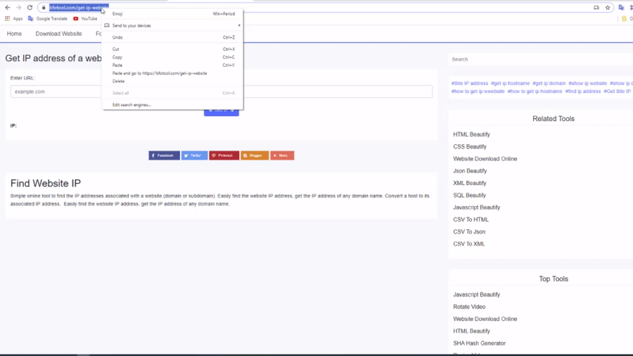 Obtener la dirección IP de un sitio web, dominio, nombre de host