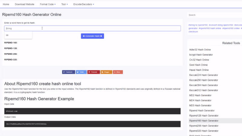 Ripemd160 Hash Generator Online