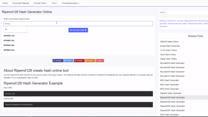 Ripemd128 હેશ જનરેટર ઓનલાઇન