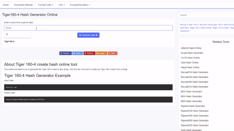 Tiger160-4 Hash Generator Online - bfotool