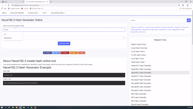 Haval192,3 Gineadóir Hash Ar Líne