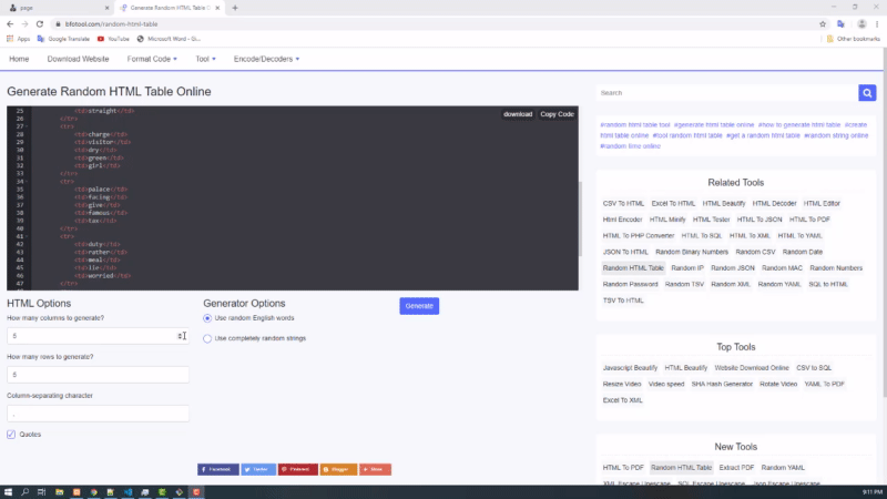 შექმენით შემთხვევითი HTML ცხრილი ონლაინ