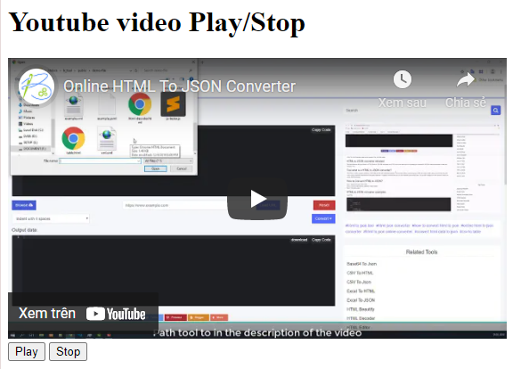 javascipt सह एम्बेड केलेले यूट्यूब iframe बटण प्रारंभ आणि थांबवा