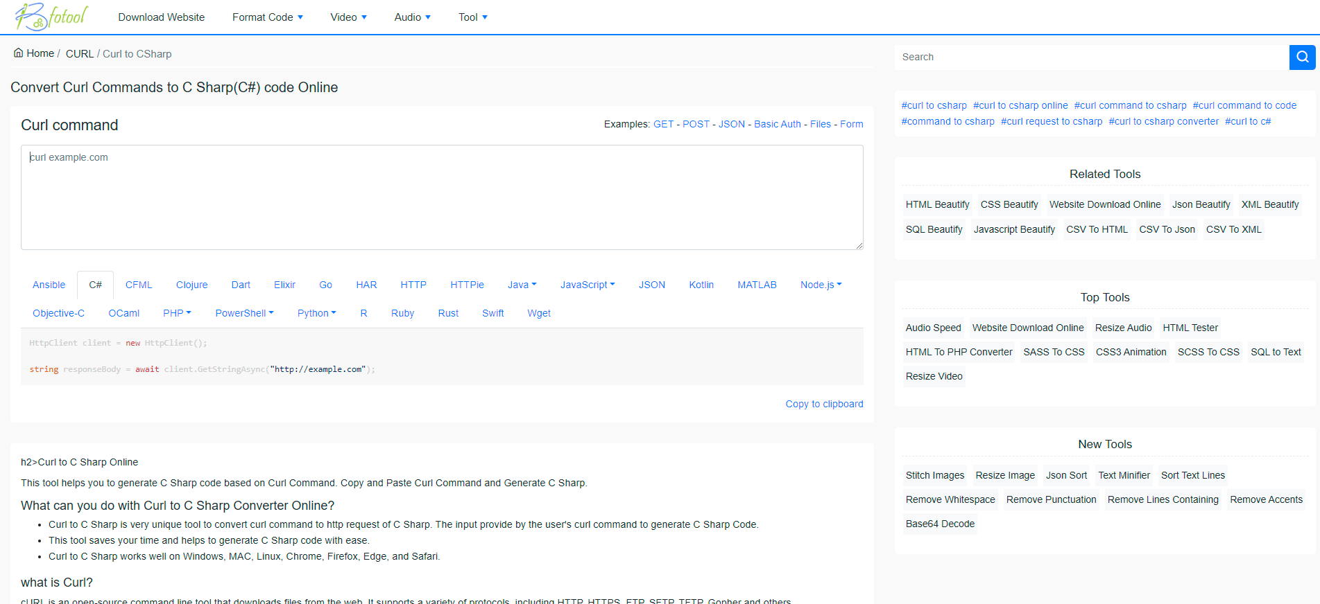 Convert Curl Commands to C Sharp(C#) code Online - bfotool