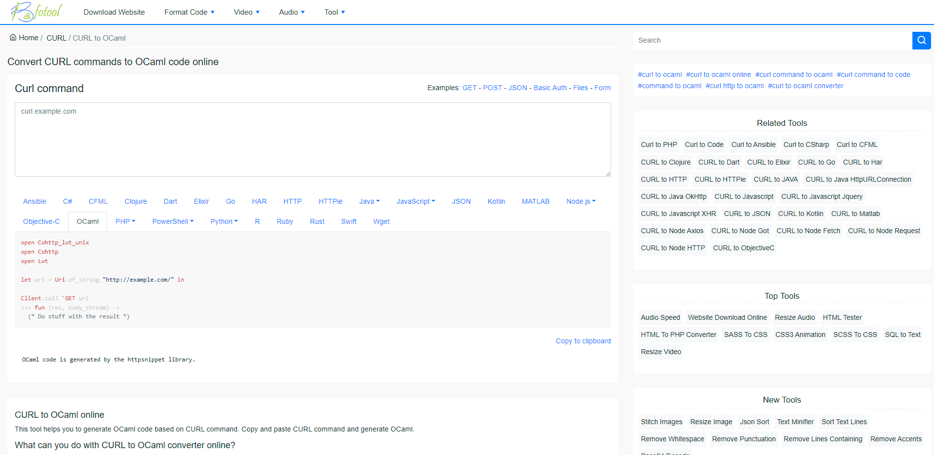 Convert CURL commands to OCaml code online - bfotool